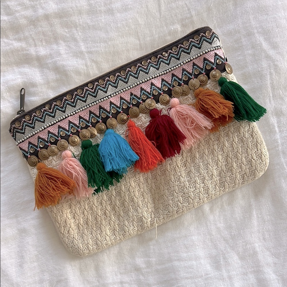 World Market Boho Colorful Tassel Woven Zip Clutch